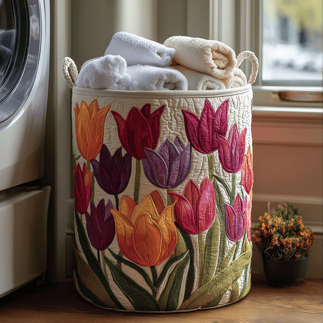 Quilted laundry basket with tulips NCU0TH2905