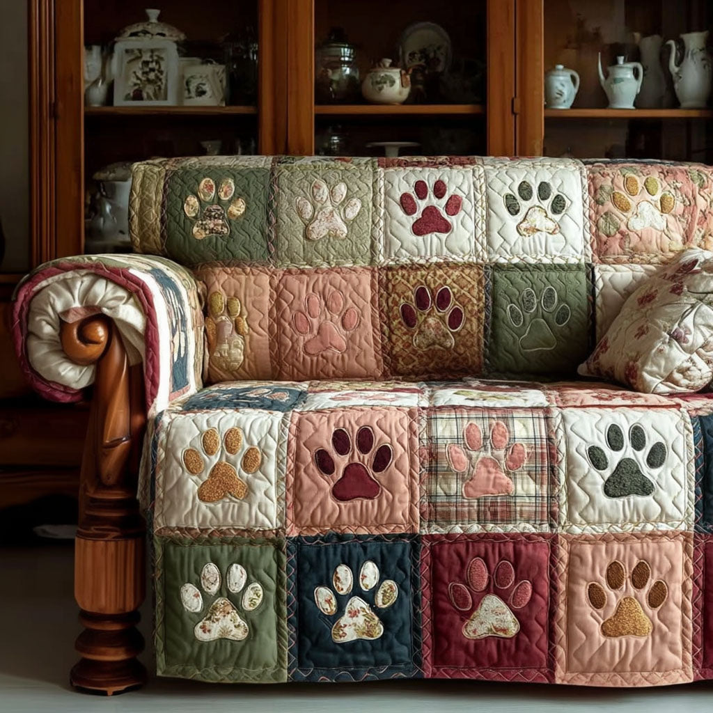 Quilted sofa cover with paw prints and vintage garden NCU0PT11009