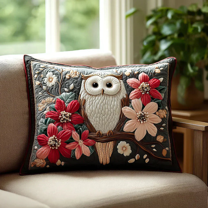 Quilted pillow cover with owl and flowers