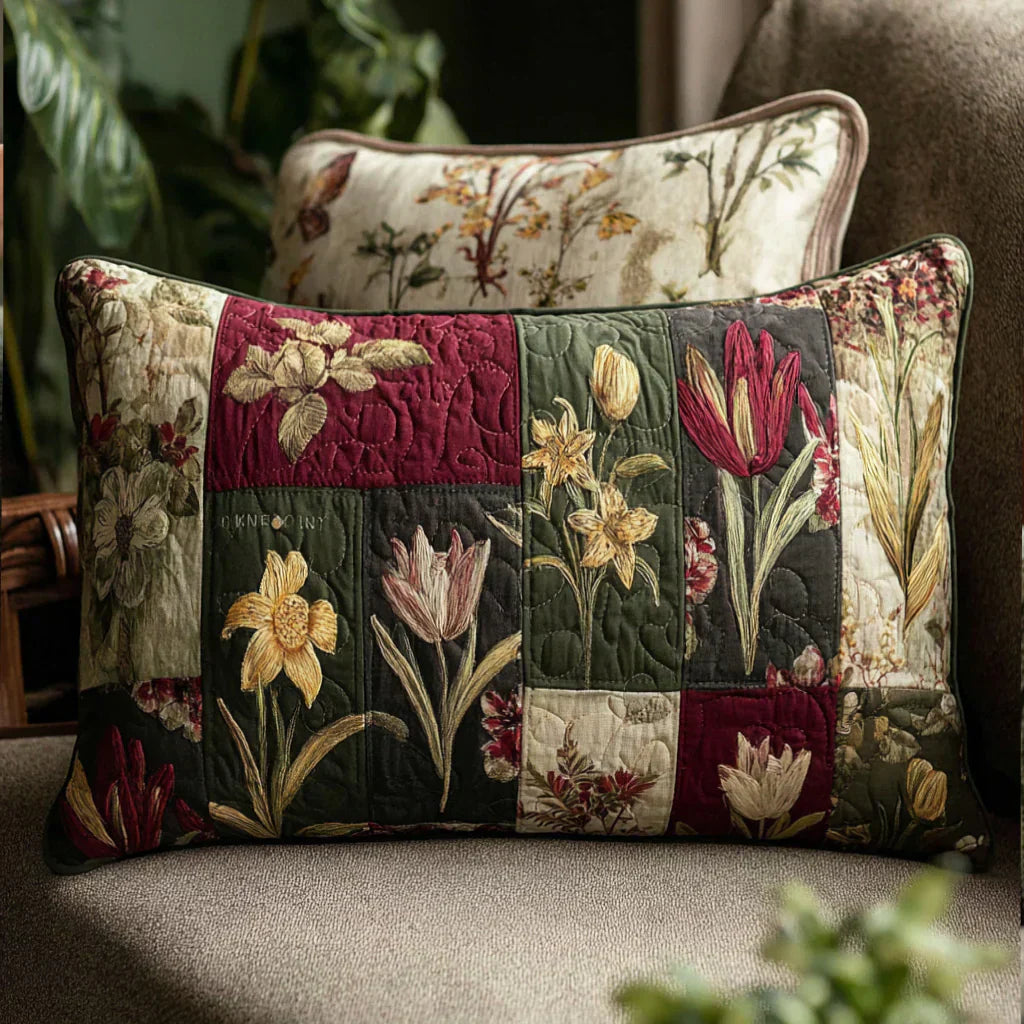 Quilted pillow cover with wildflowers