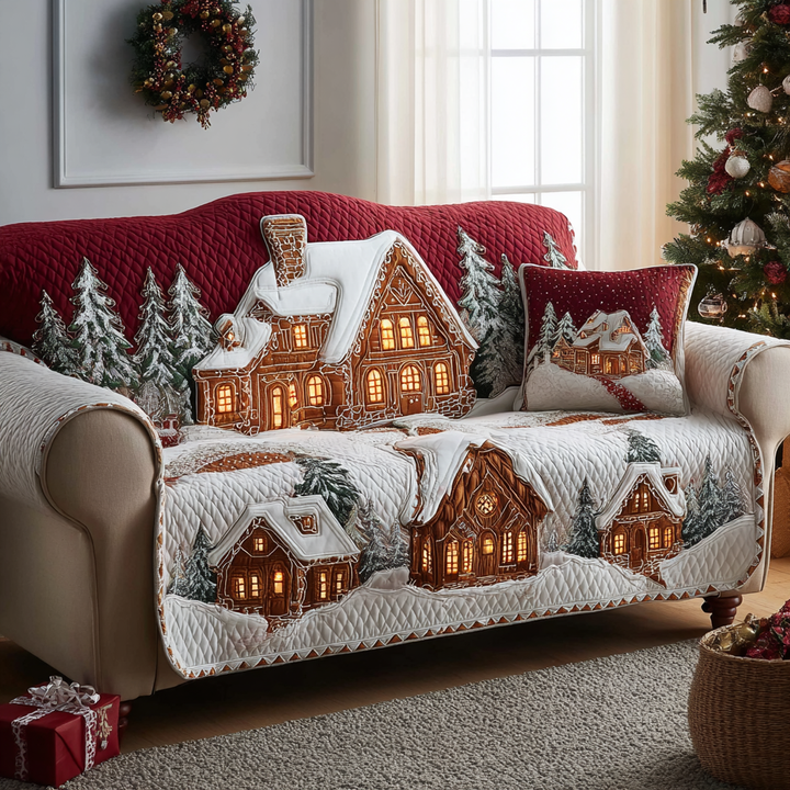 Quilted sofa cover with winter cabin design NCU0DK11476