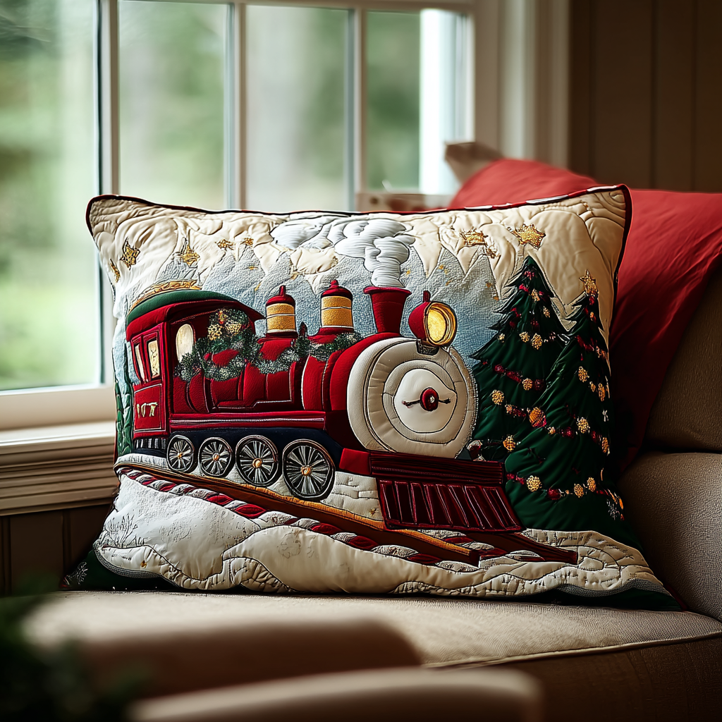 Quilted pillow cover with train in winter landscape NCU0DK2598