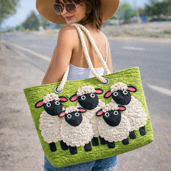 Sheep beneath the Sky quilted beach bag in large summer tote style
