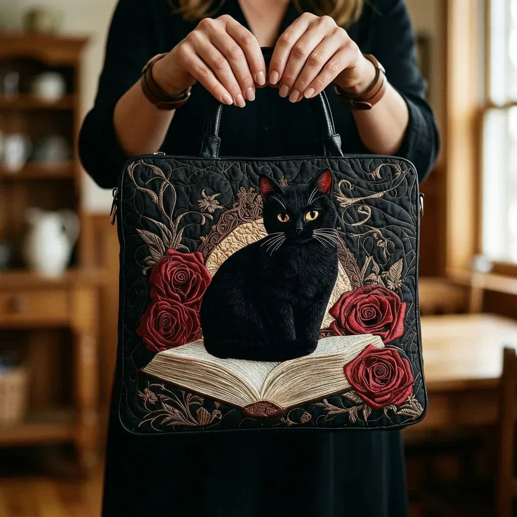 Animal Print Quilted Tote Bag with Black Cat and Books design