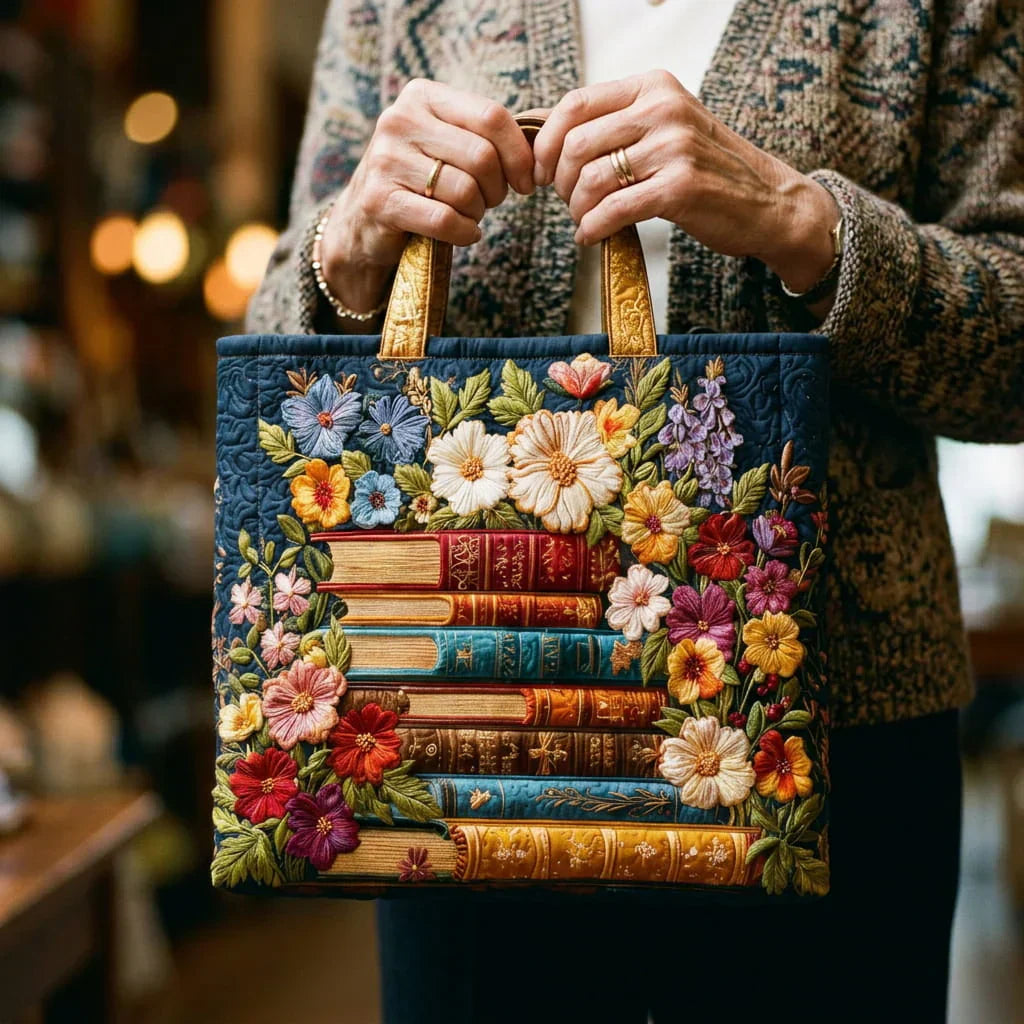 Floral Quilted Shoulder Bag with Floral Print and Books design