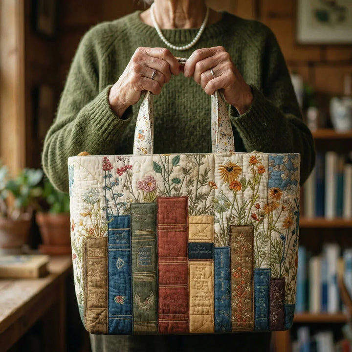 Floral Quilted Shoulder Bag with Books and Flowers design