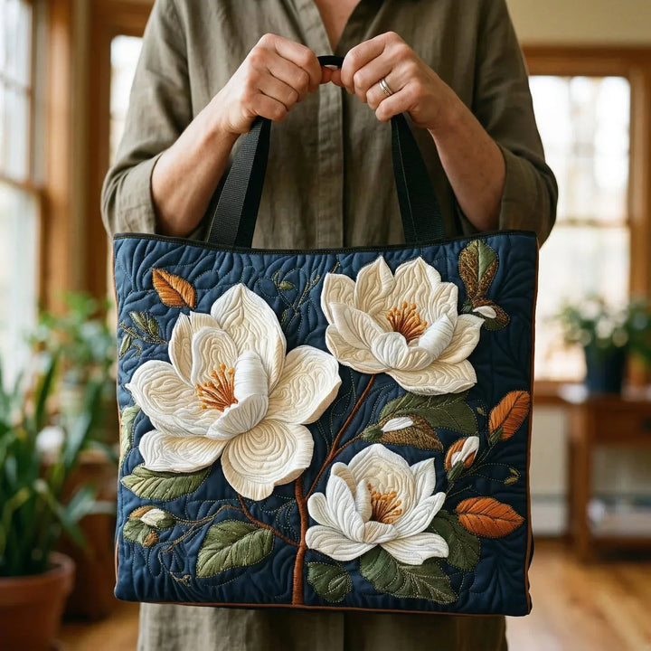 Animal Print Quilted Tote Bag with Delicate Magnolia design