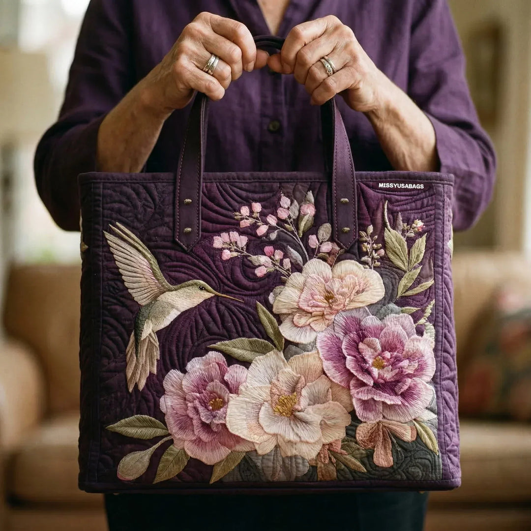 Floral Quilted Shoulder Bag with Hummingbirds and Orchids design
