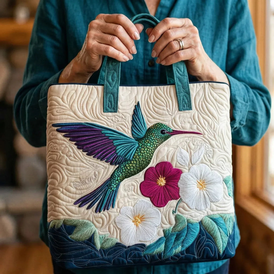 Floral Quilted Shoulder Bag with Hummingbird and White Flower design