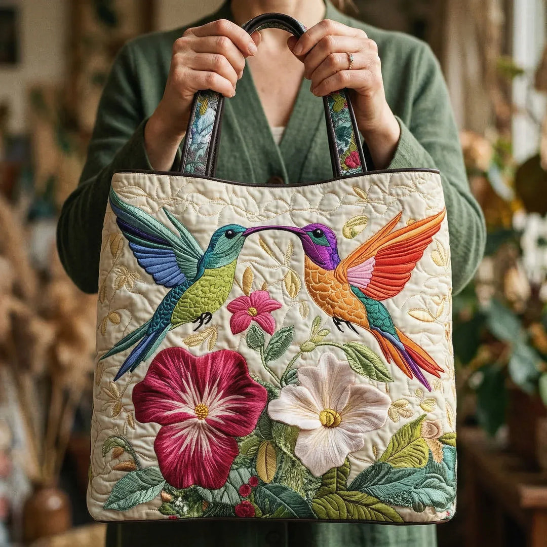 Floral Quilted Shoulder Bag with Hummingbirds and White Flowers design