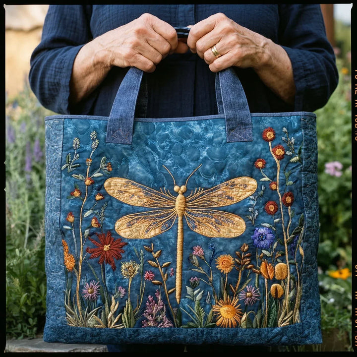 Quilted Everyday Shoulder Bag with Golden Dragonfly design