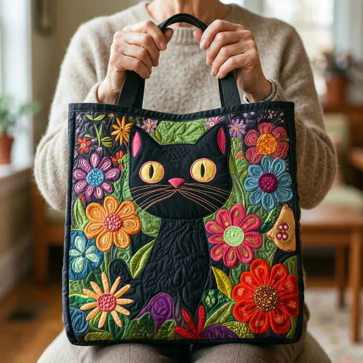 Animal Print Quilted Tote Bag with Black Cat design