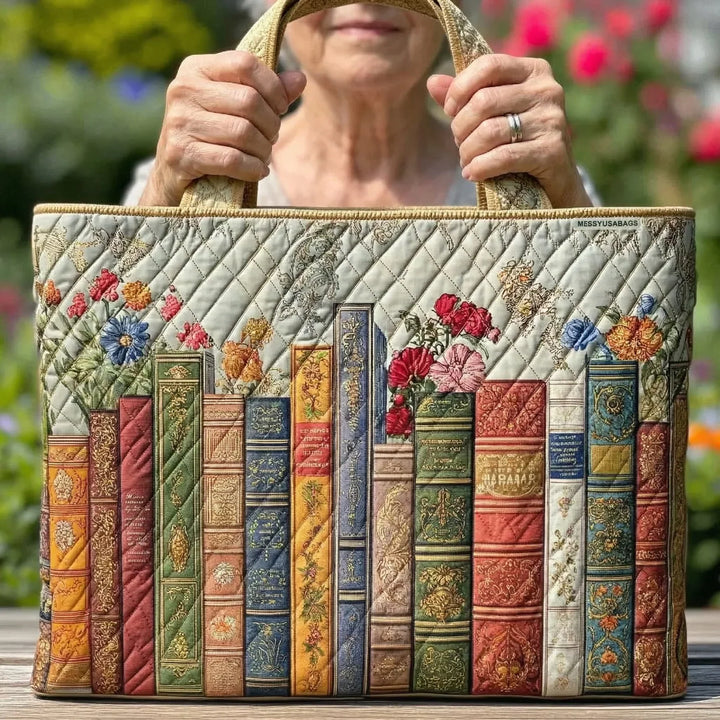 Quilted Everyday Shoulder Bag with Magical Library design