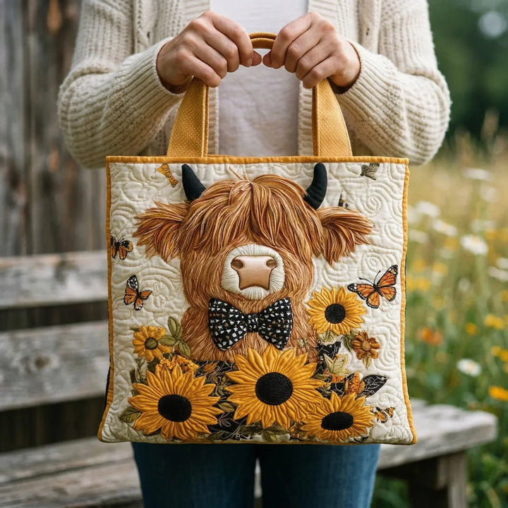 Floral Quilted Shoulder Bag with Cow and Sunflowers design