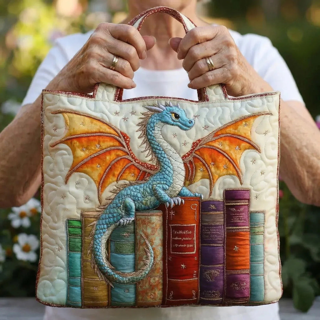 Quilted Everyday Shoulder Bag with Dragon Guarding the Books design