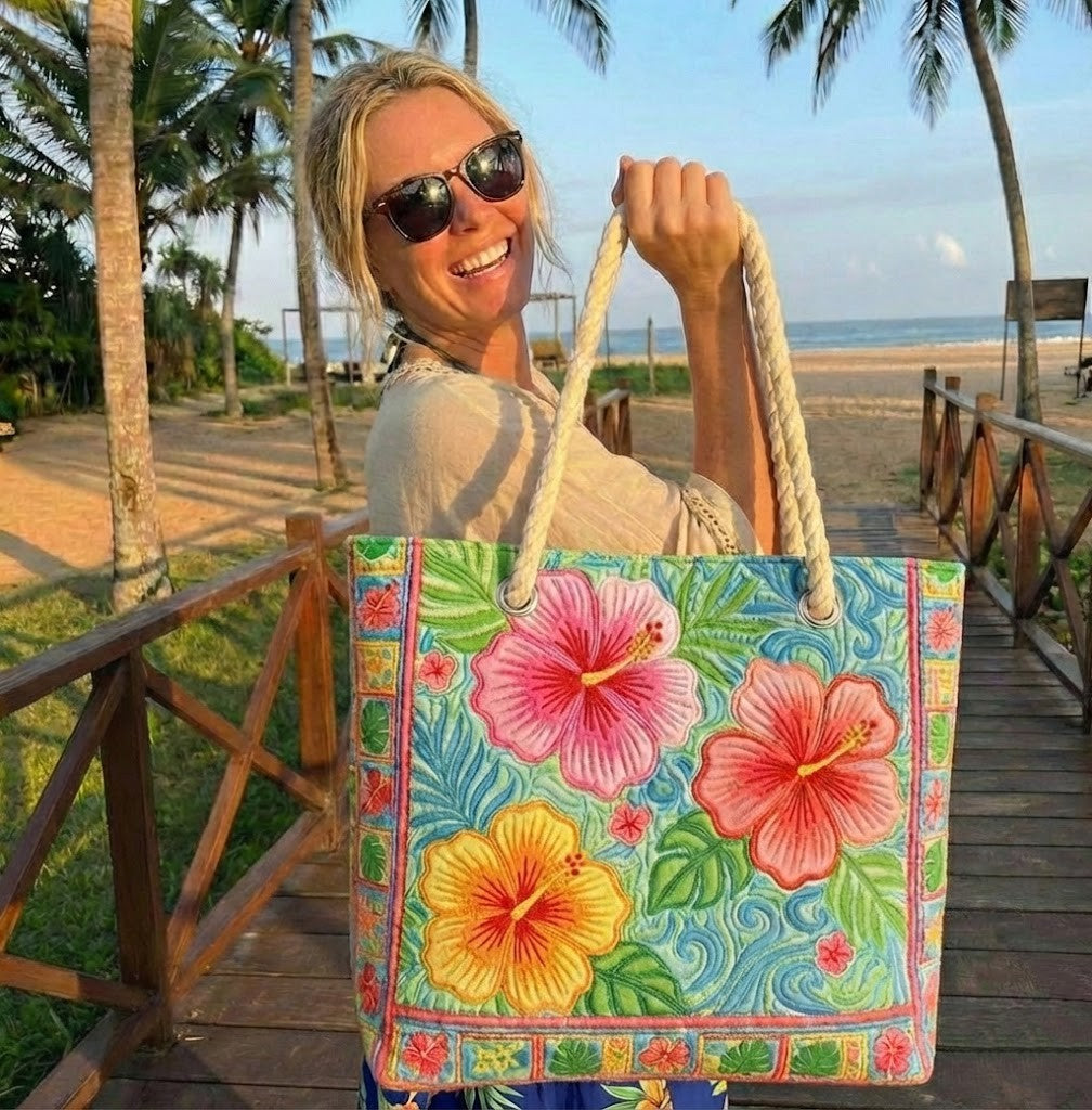 Tropical Flowers quilted beach bag in large summer tote style